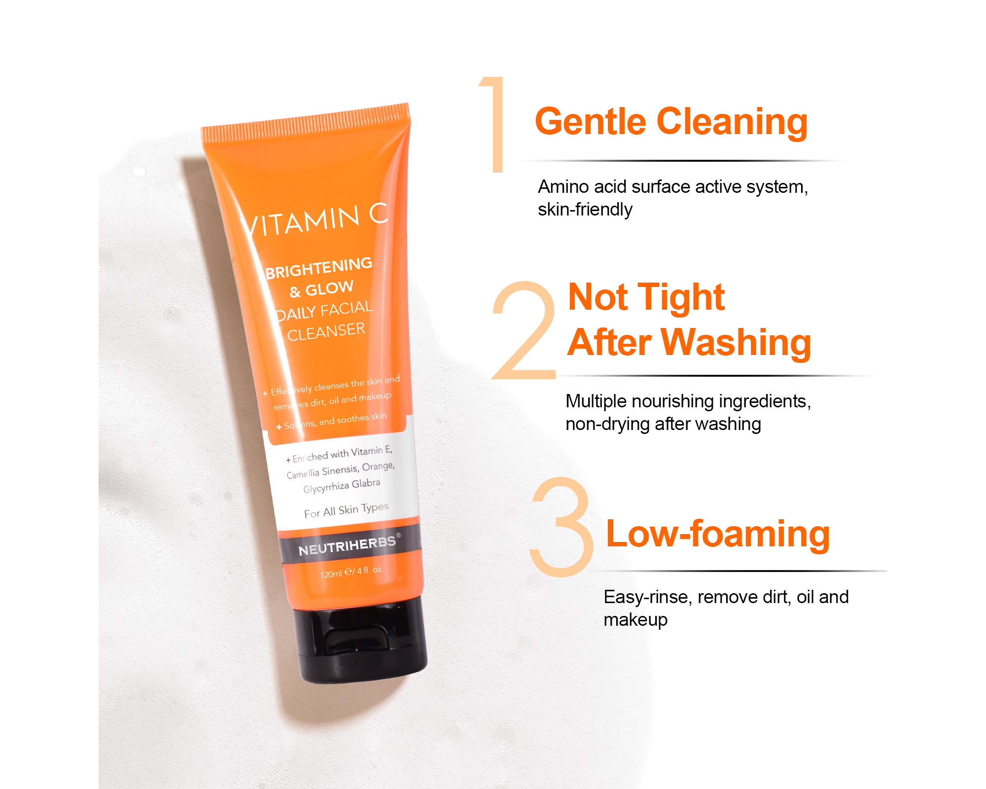 Vitamin C Facial Cleanser – rozświetlający żel oczyszczający z witaminą C i aloesem — infografika produktu